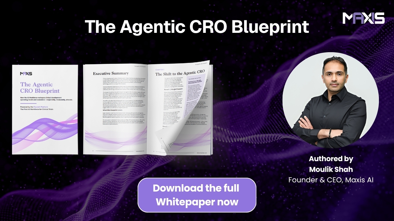 The Agentic CRO Blueprint whitepaper, open-page preview, and author Moulik Shah on a purple Maxis AI background