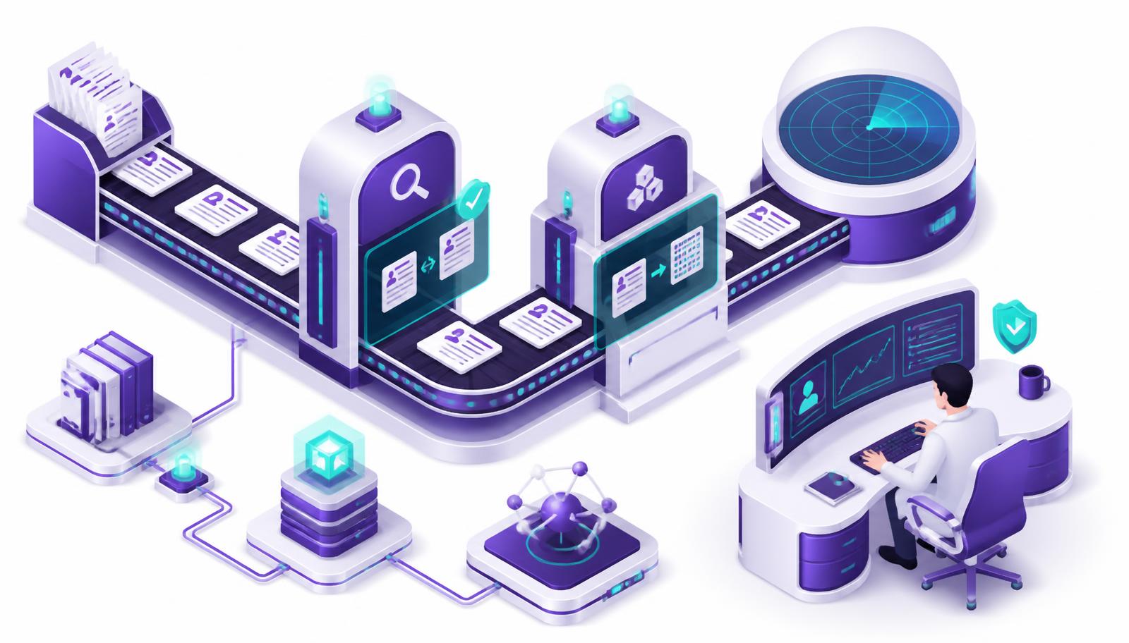 Isometric illustration of a pharmacovigilance safety case pipeline where AI agents handle intake, coding and triage before medical review by safety scientists