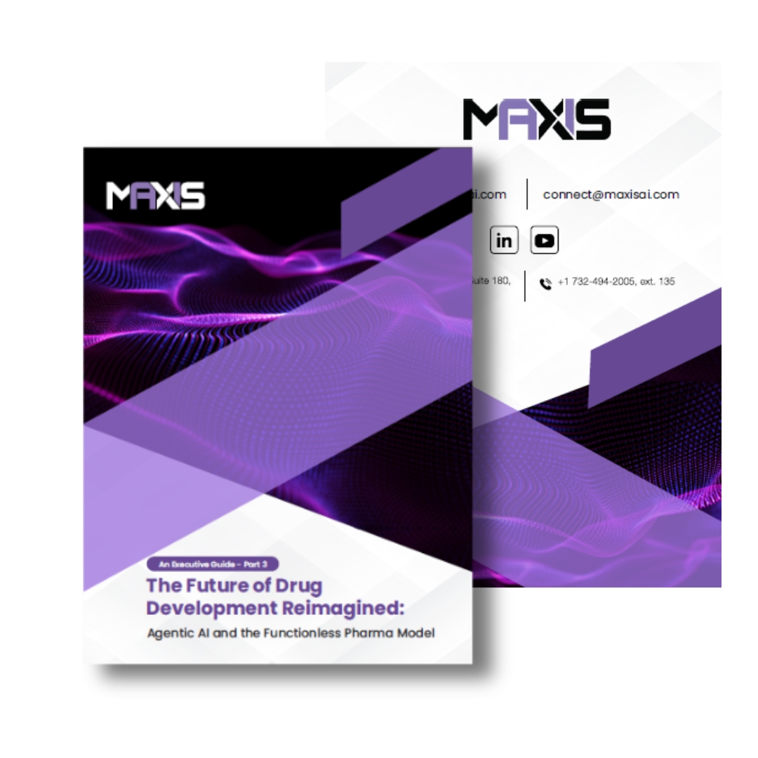 The Future of Drug Development Reimagined executive guide cover with purple digital wave artwork and Maxis AI branding
