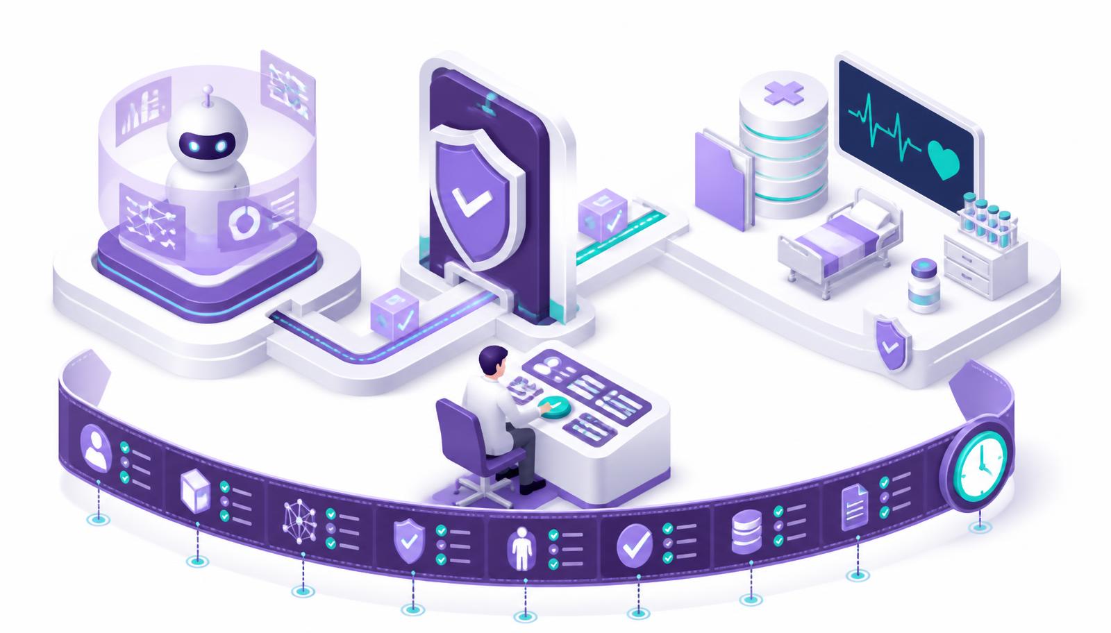 Isometric illustration of human-in-the-loop oversight in clinical trials, with a reviewer approving AI-prepared actions at a governed checkpoint