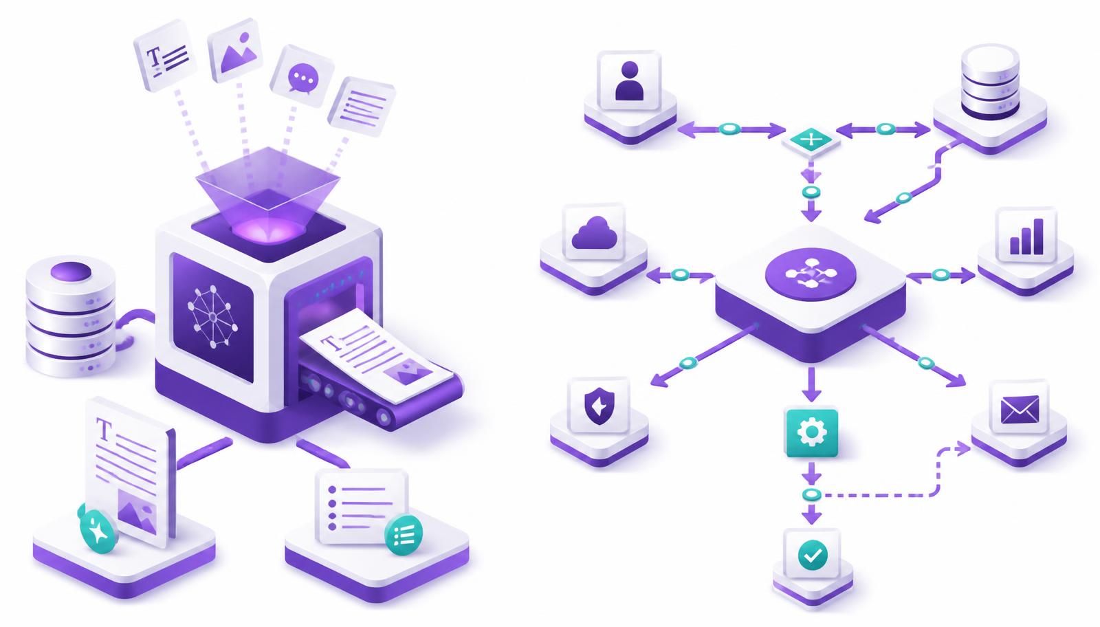 Isometric illustration comparing a generative AI engine drafting clinical documents with an agentic AI engine executing connected trial workflow actions