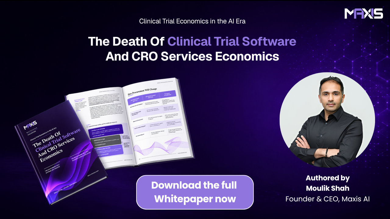 Clinical Trial Economics in the AI Era whitepaper cover, interior pages, and author Moulik Shah on a purple Maxis AI background