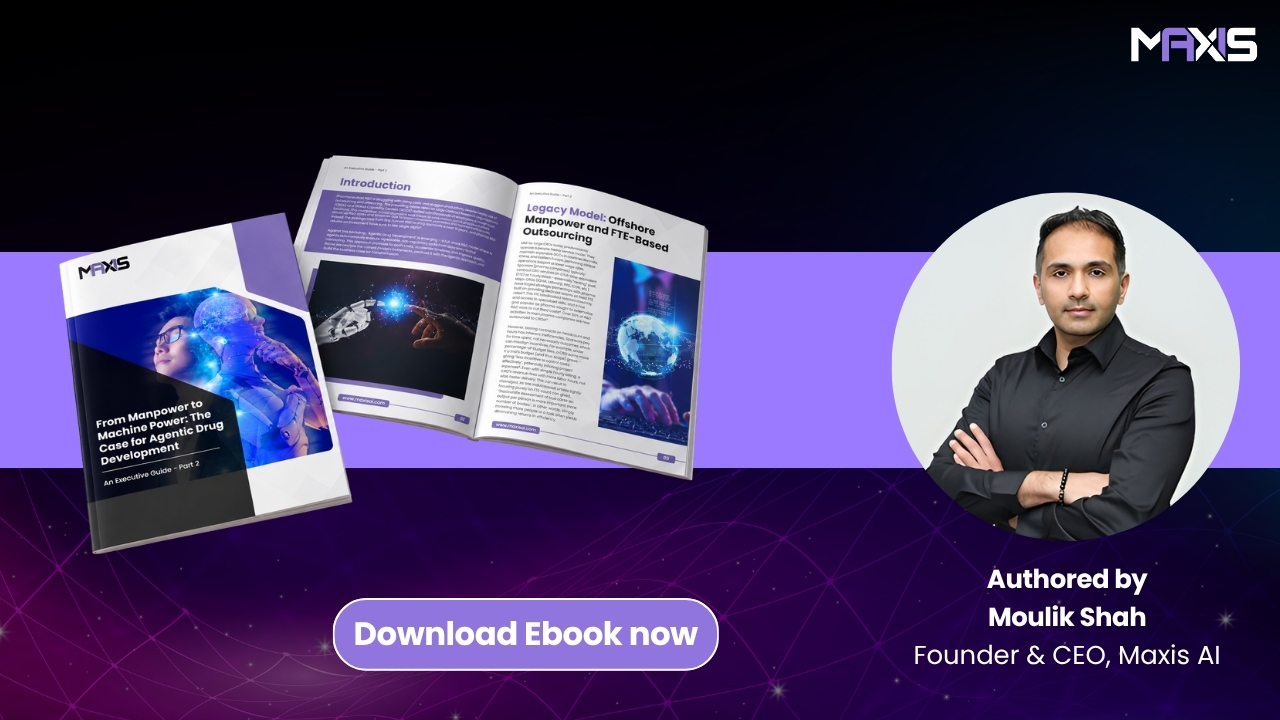 From Manpower to Machine Power ebook cover, open-page preview, and author Moulik Shah on a purple Maxis AI background