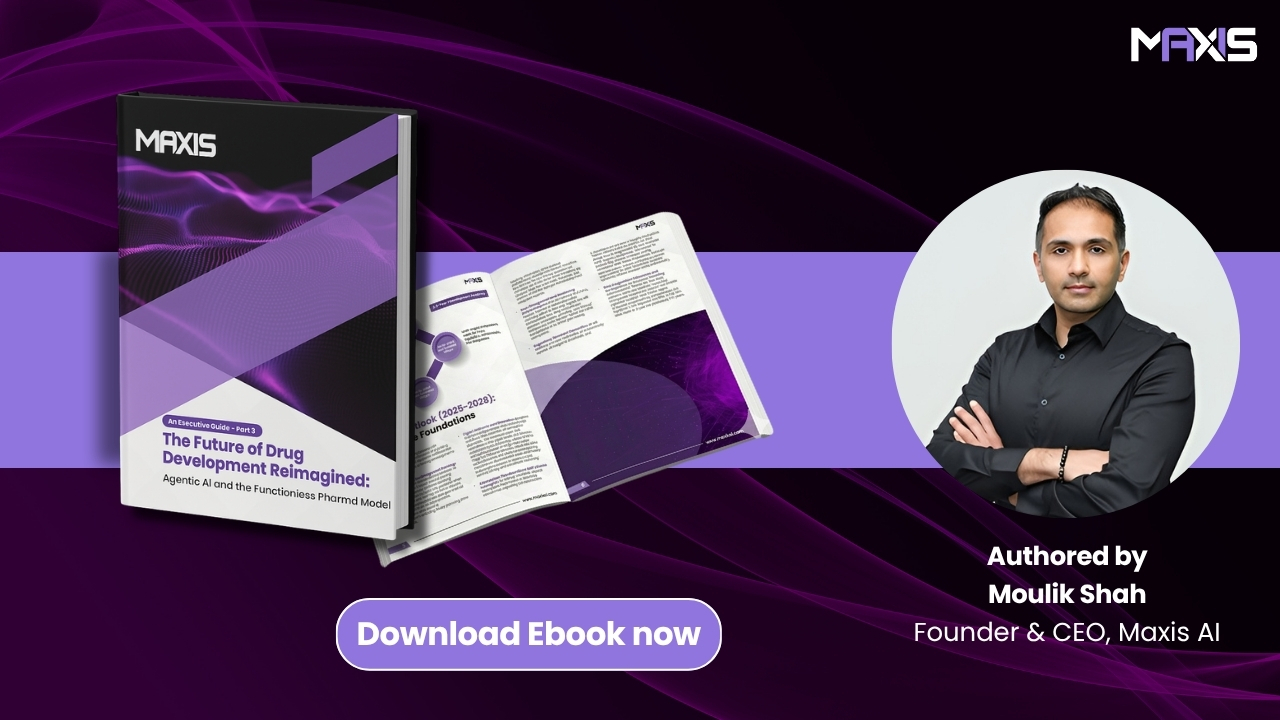 The Future of Drug Development Reimagined ebook cover, open-page preview, and author Moulik Shah on a purple Maxis AI background