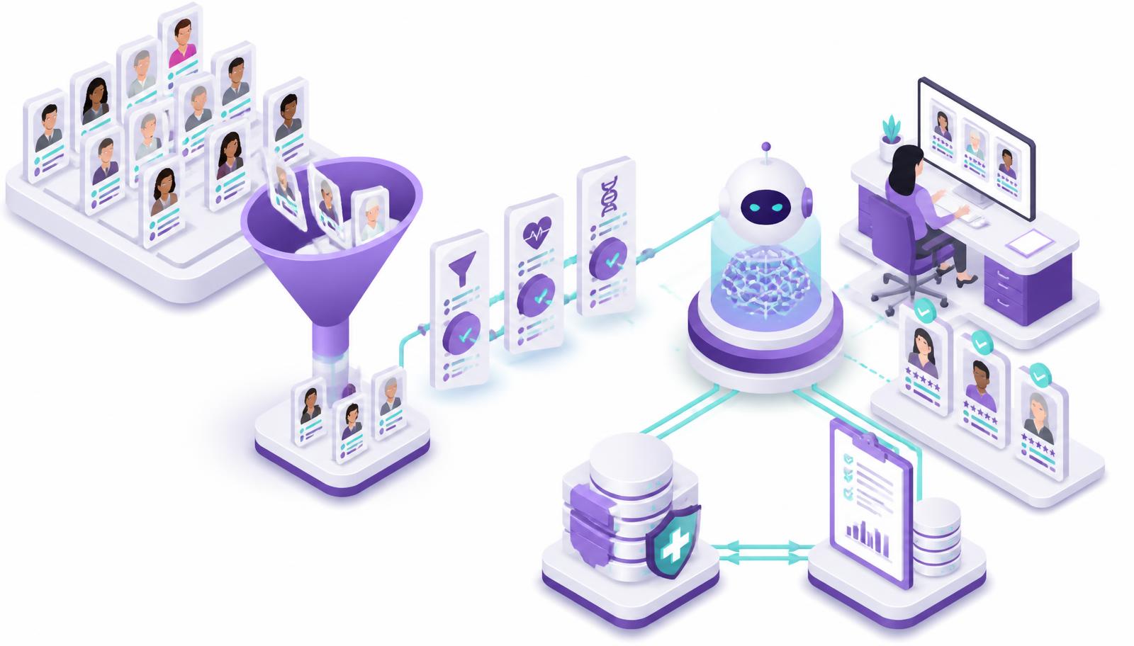 Isometric illustration of a clinical trial recruitment funnel where AI agents pre-screen candidates and route them to site coordinators for enrollment review