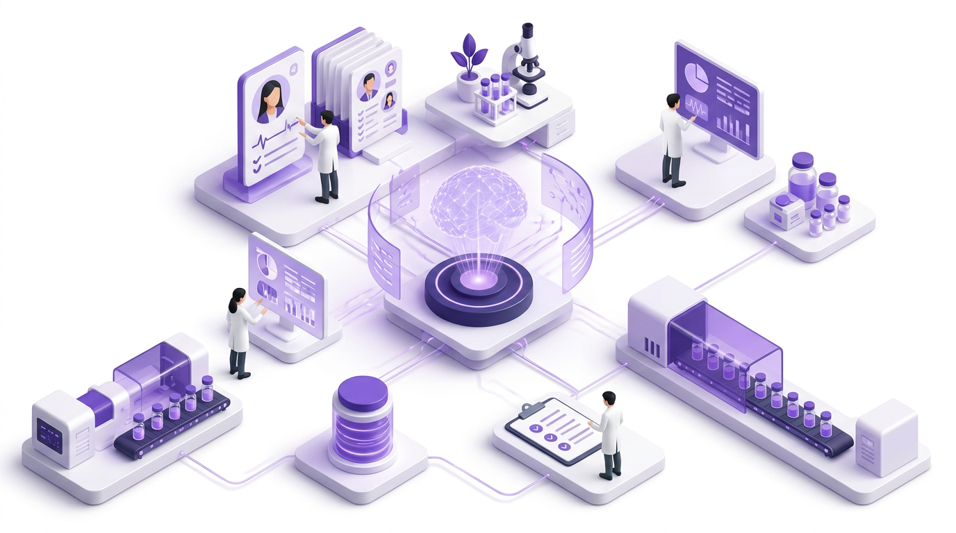 Isometric illustration of agentic AI automating clinical trial workflow steps, connecting data points, lab vials and patient profiles across a governed trial operations landscape