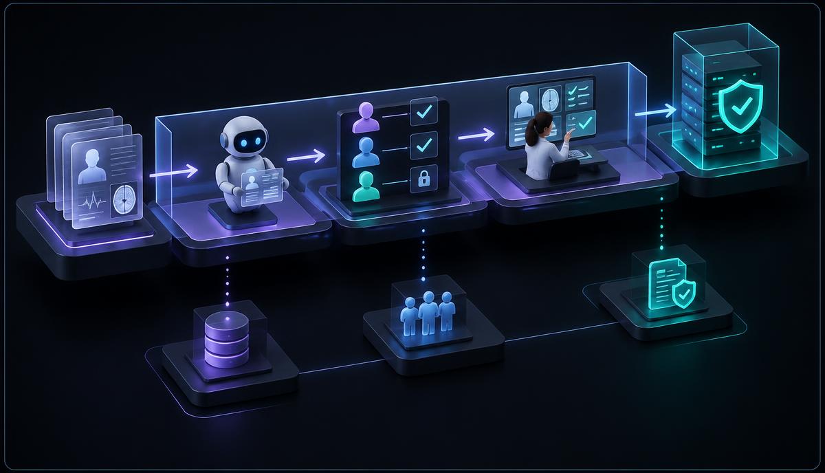Isometric governed Agentic CRO workflow in which an AI agent moves a clinical task through role-based permissions, human validation, controlled execution, and an audit record