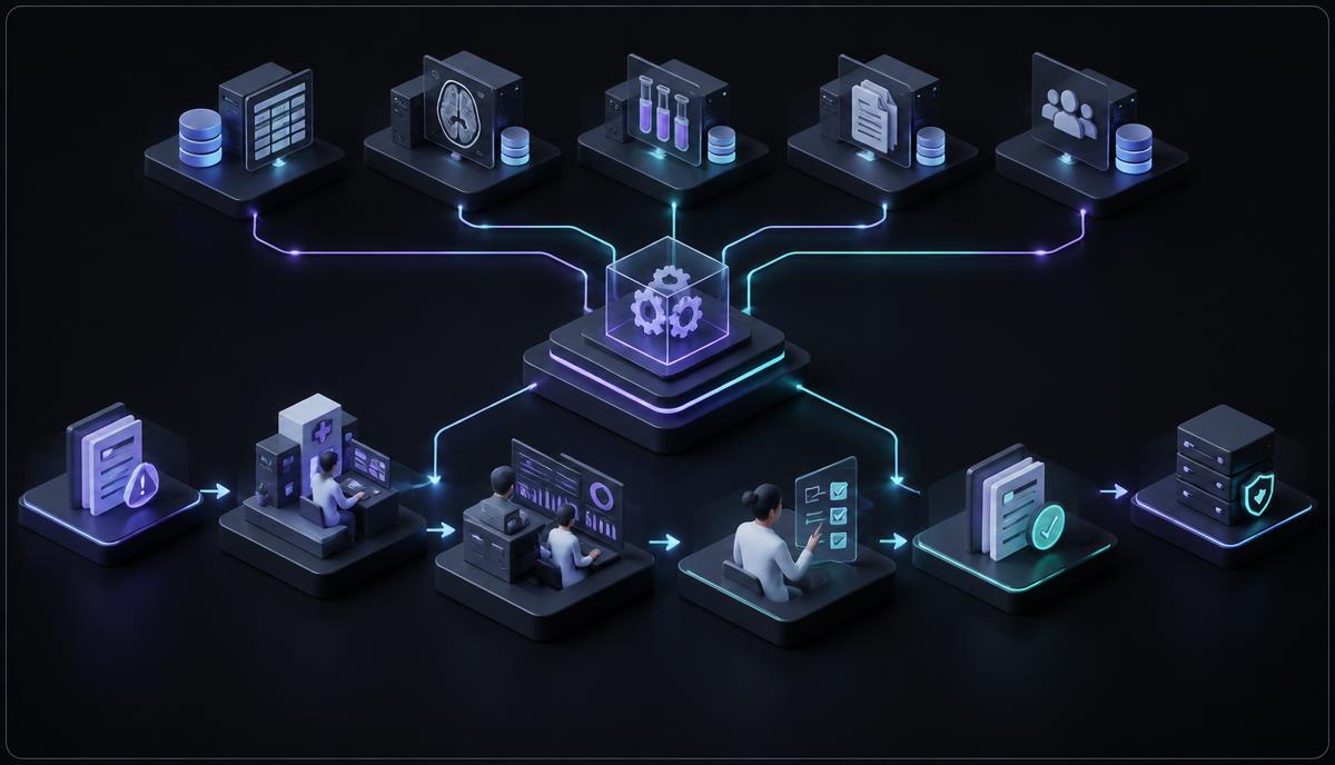 Isometric clinical workflow orchestration showing an EDC query moving through a governed Agentic OS to site follow-up, operations review, human approval, verified closure, and an audit record