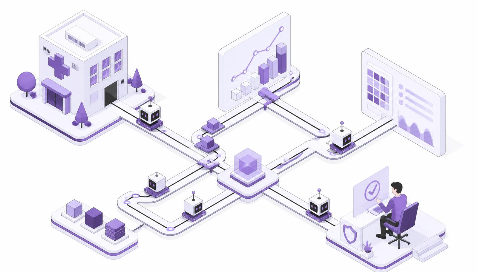 Isometric illustration of autonomous AI agents supporting clinical operations by acting on enrollment, safety and data quality signals with human oversight