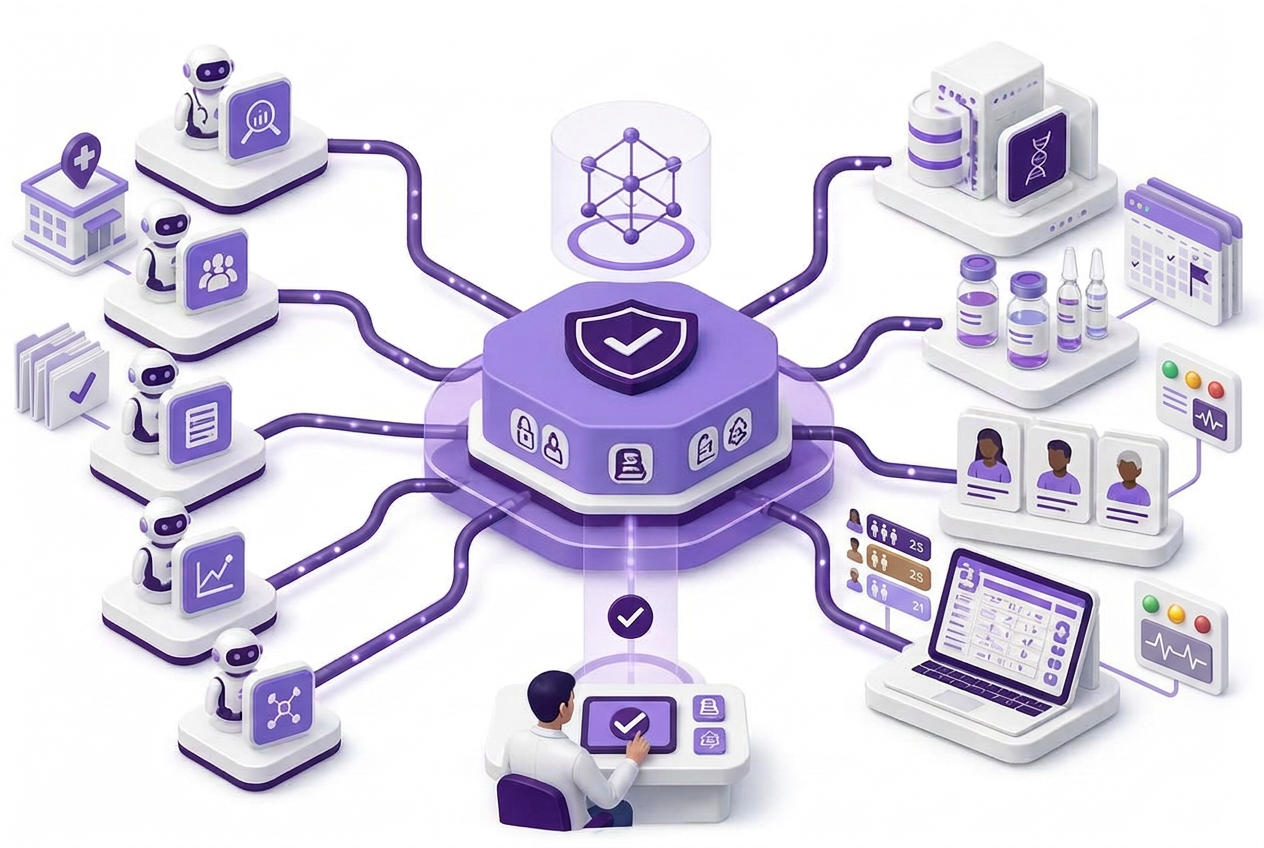 Maxis AI governed orchestration hub connecting specialist AI agents with clinical sites, trial documents, safety signals, laboratory data, patient profiles, and human oversight