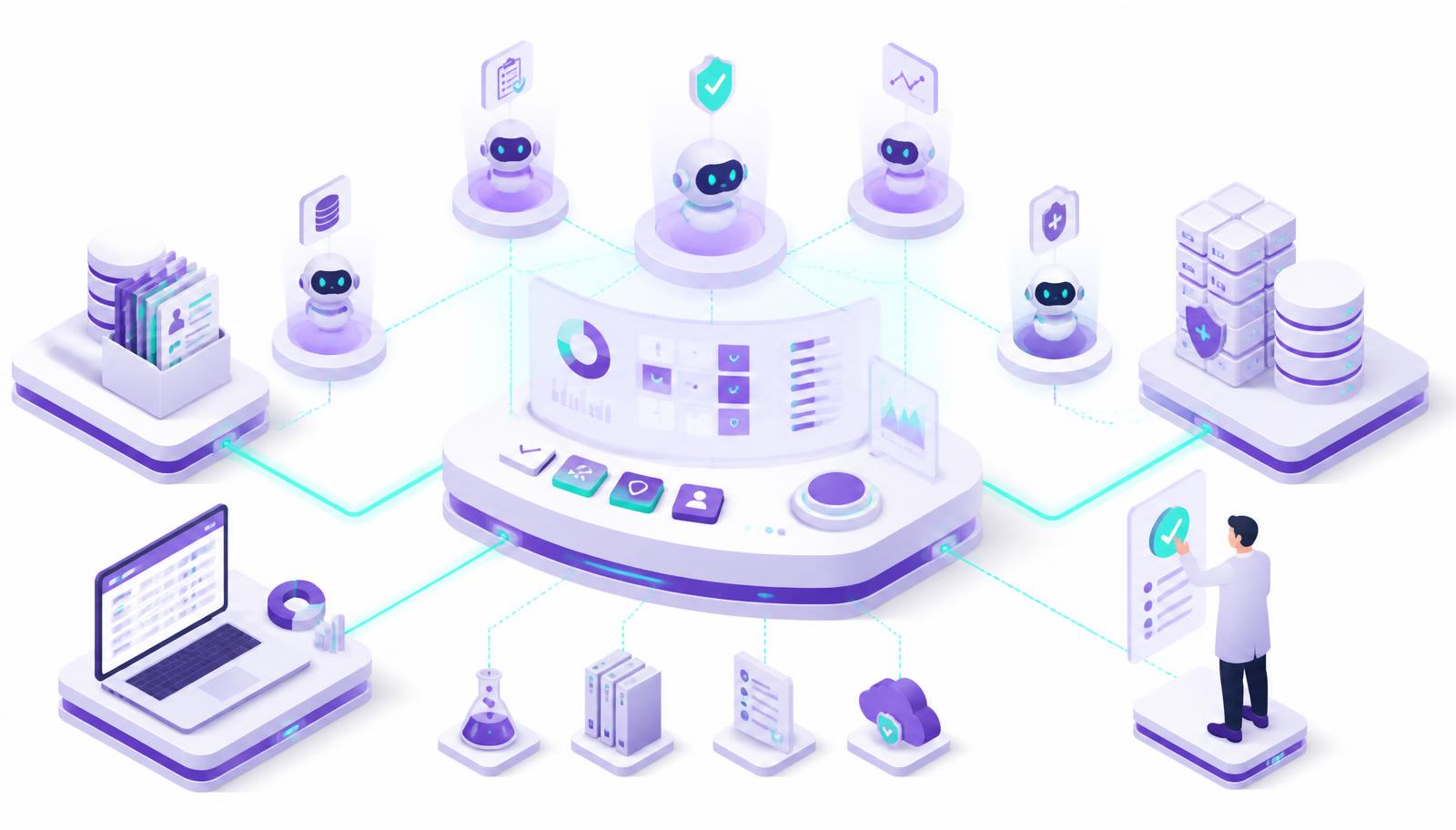 Isometric illustration of a supervised AI agent connecting EDC, CTMS and safety systems to a human reviewer checkpoint in a clinical trial workflow