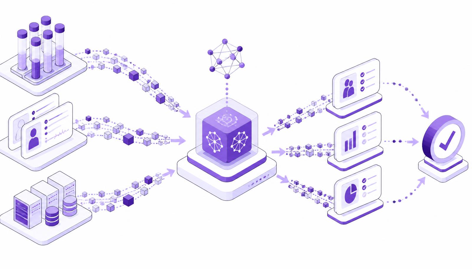 Isometric illustration of clinical trial data flowing through an agentic AI platform that turns raw study data into governed operational decisions