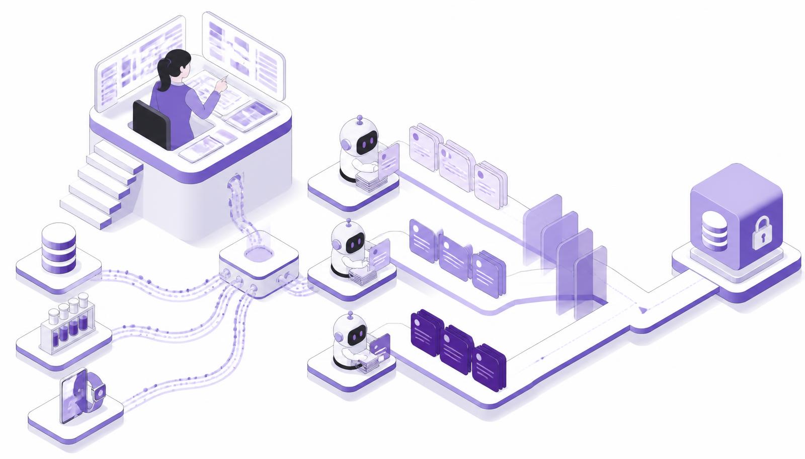 Isometric illustration of a clinical data manager overseeing AI agents that validate, reconcile and prioritize clinical trial data inside a unified data workbench