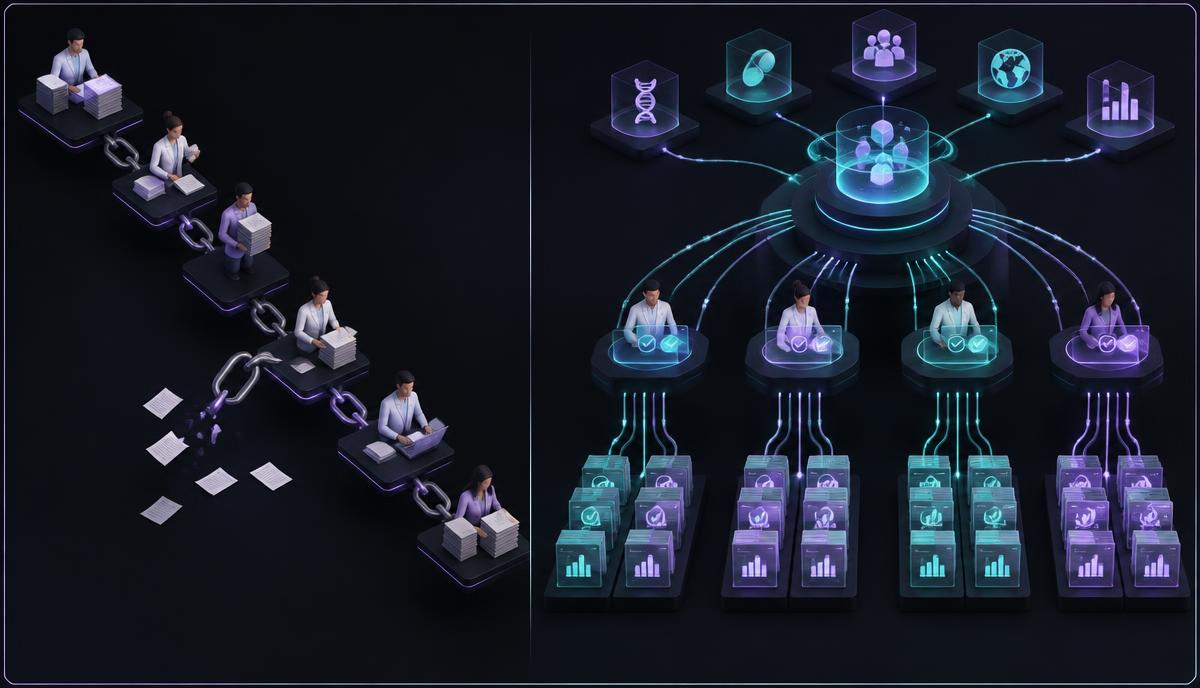 Isometric comparison of fragile headcount architecture with manual clinical handoffs versus scalable execution architecture with governed workflow lanes and human validation checkpoints