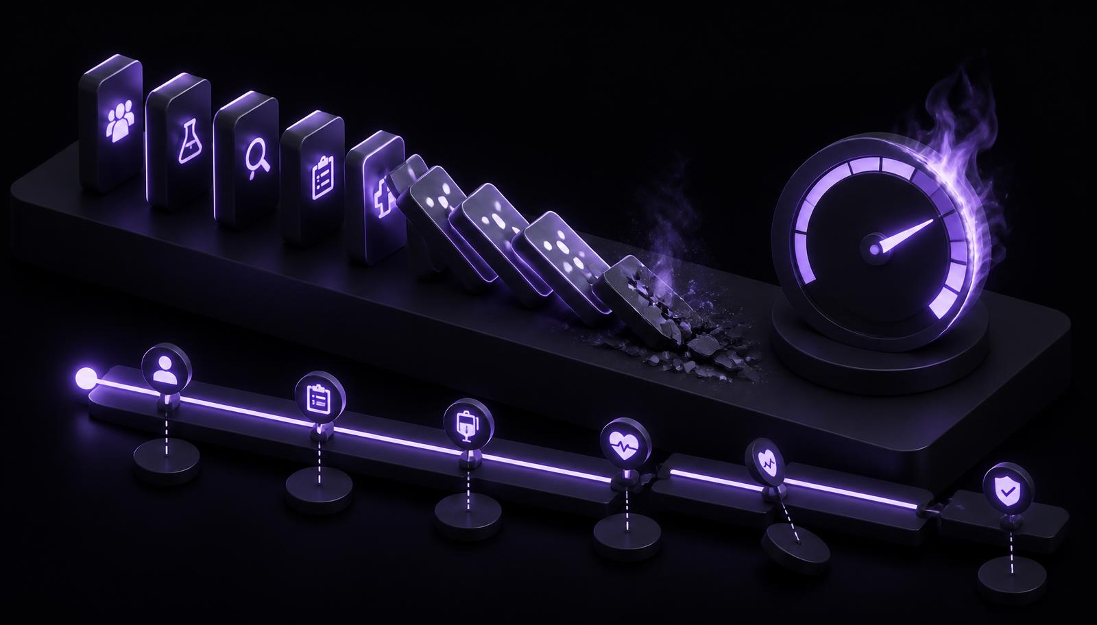 Isometric illustration of compounding clinical trial delay cost — one blocked workflow tile toppling downstream tiles, an accruing burn-rate meter and a stretching timeline with slipping milestone markers