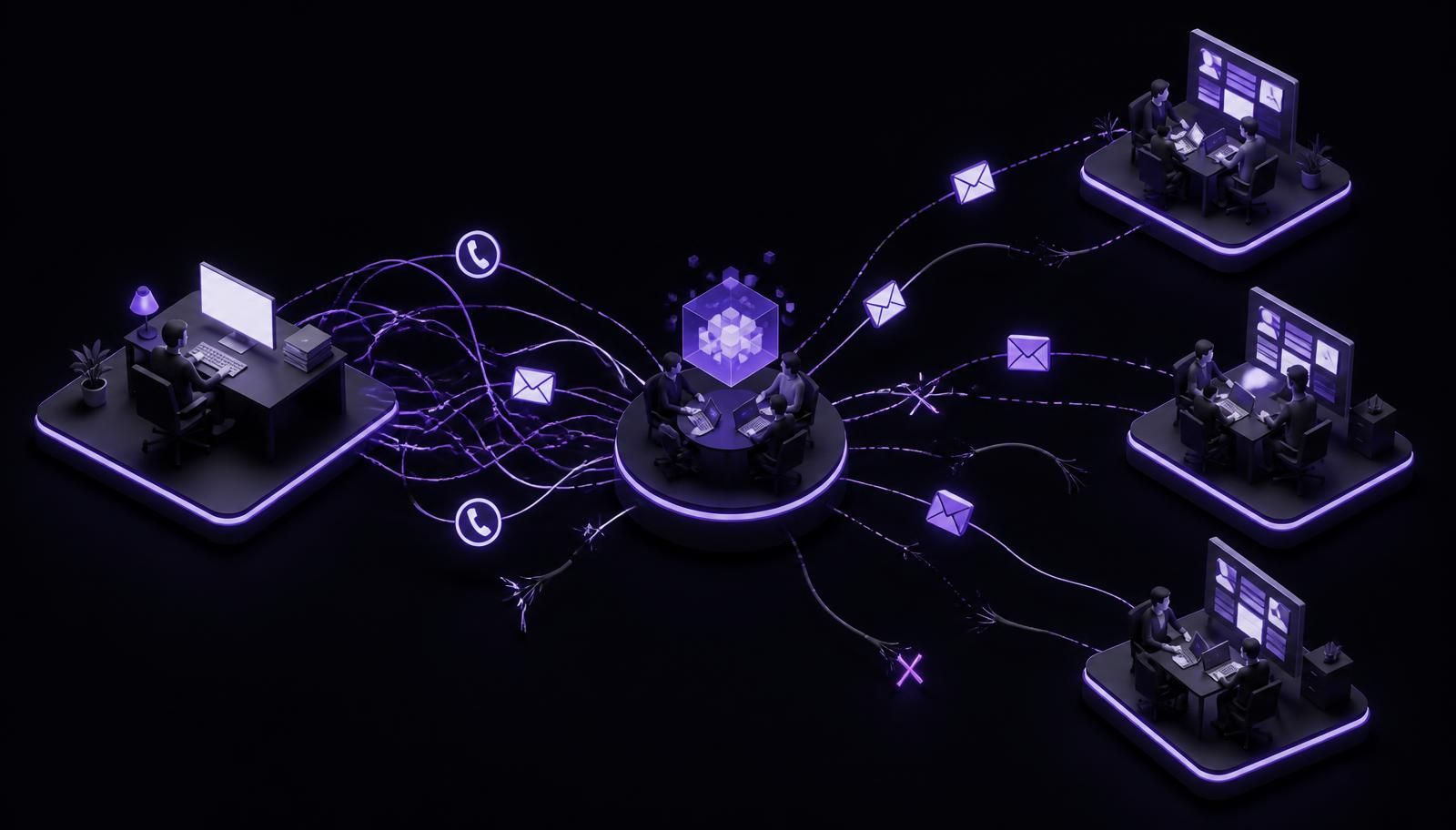 Isometric diagram of manual clinical trial coordination — a sponsor desk connected by tangled email and phone threads through a CRO layer down to three site teams, with broken handoffs and delayed acknowledgements