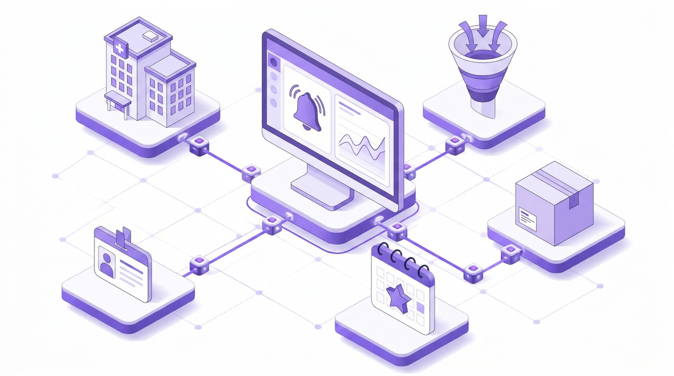 Isometric clinical operations dashboard showing an early trial alert, connected to a research site, an enrollment funnel, a vendor shipment, a study milestone calendar, and an owner badge