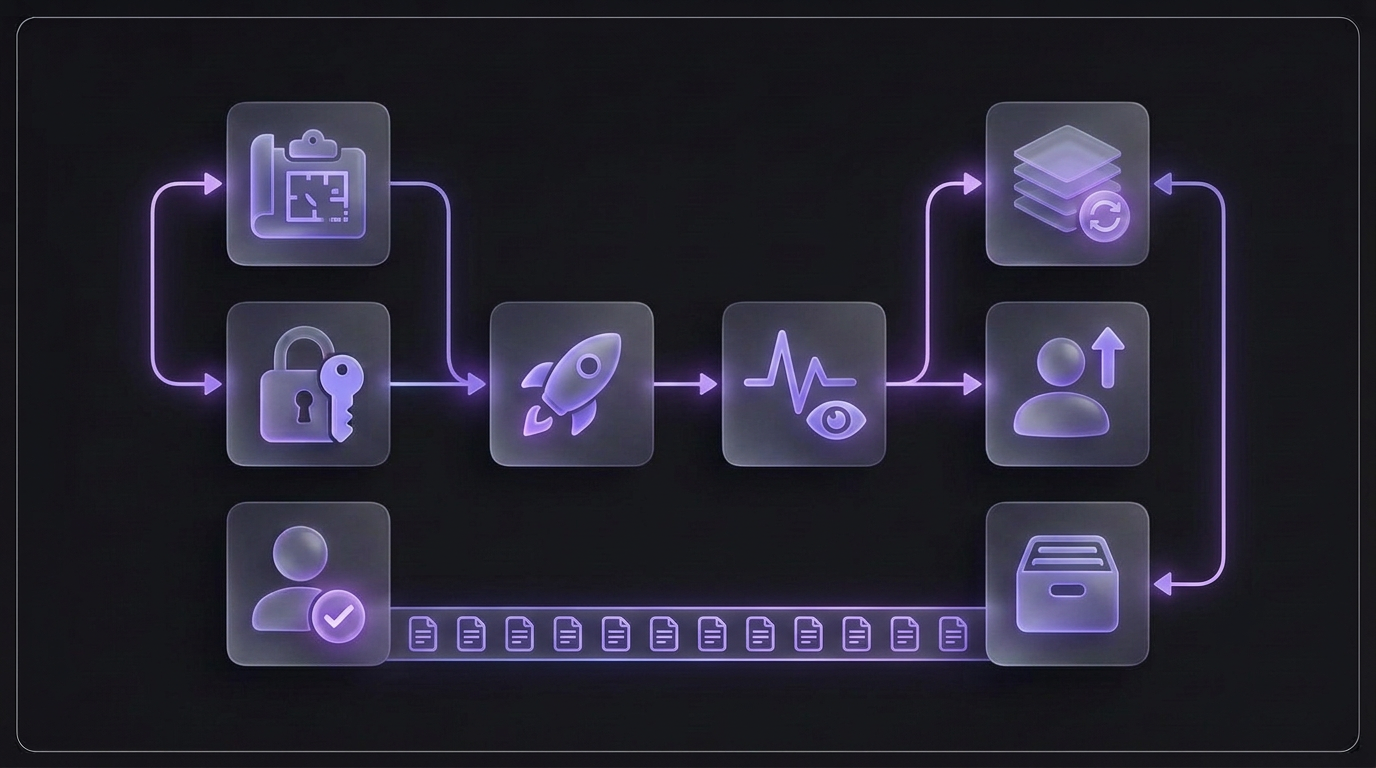Agent lifecycle management flow for governed AI agents in enterprise pharma: define the agent, scope permissions, deploy, monitor performance and drift, escalate to a human owner, then manage change and retirement, with a continuous audit trail beneath every step