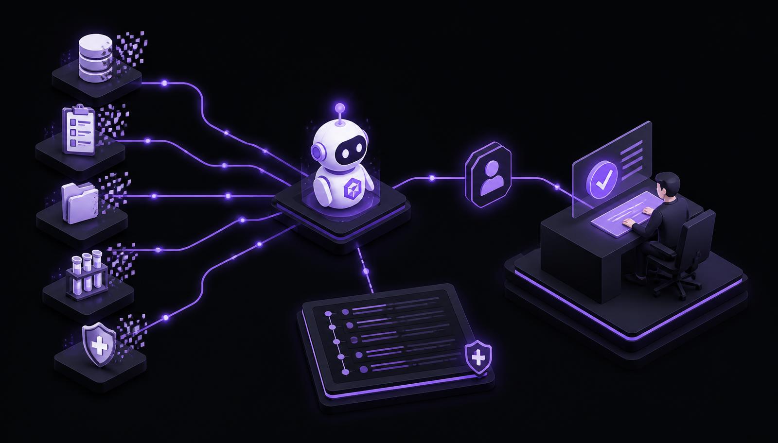 Isometric diagram of a supervised AI agent positioned between fragmented clinical systems — EDC, CTMS, eTMF, lab feeds, and safety databases — and a human reviewer approval checkpoint, with an audit log record of every action