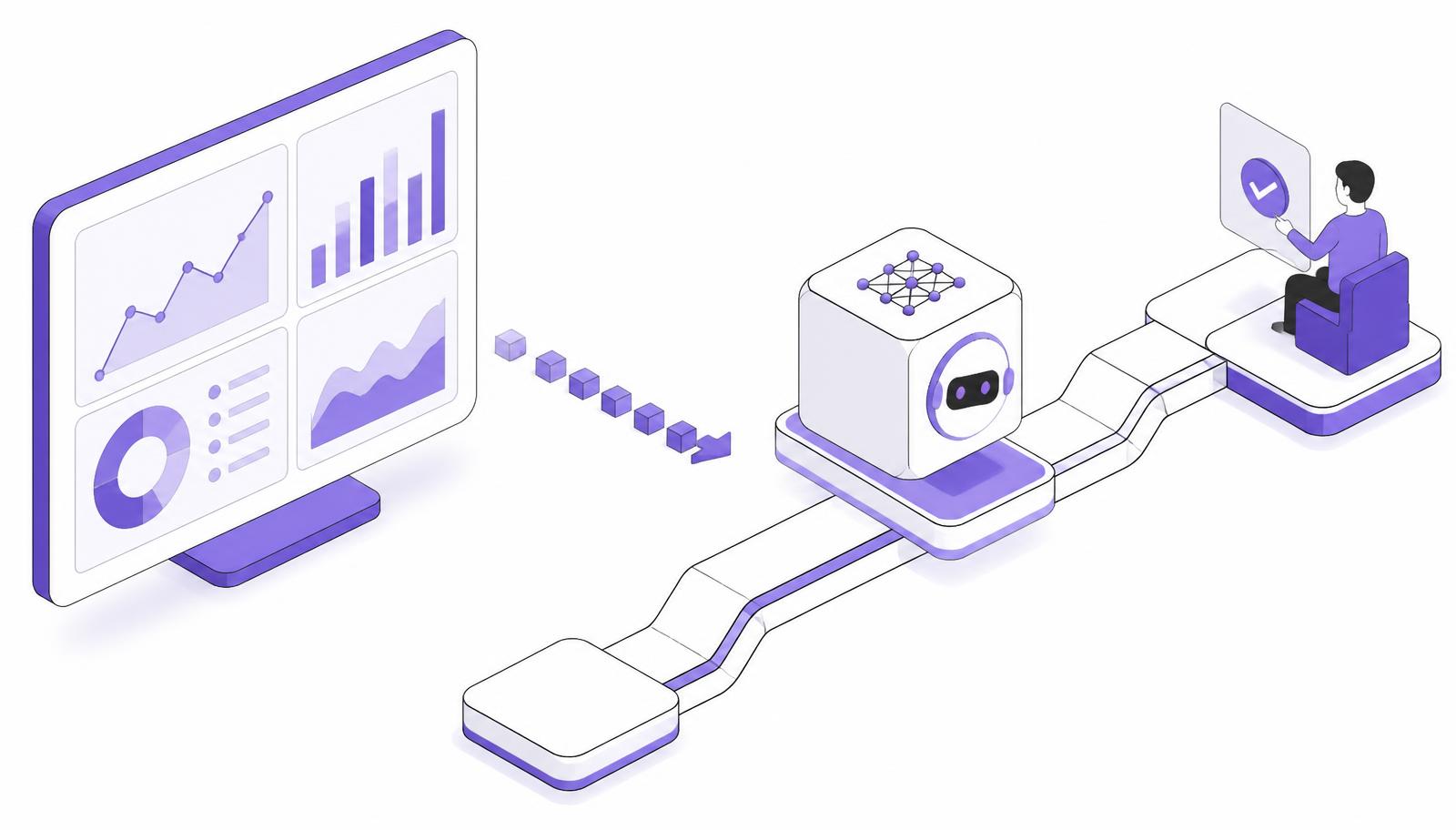 Isometric diagram showing the progression from a passive clinical trial dashboard that only displays enrollment and data-quality signals to an autonomous AI agent that takes the next operational step and routes it to a human reviewer for approval