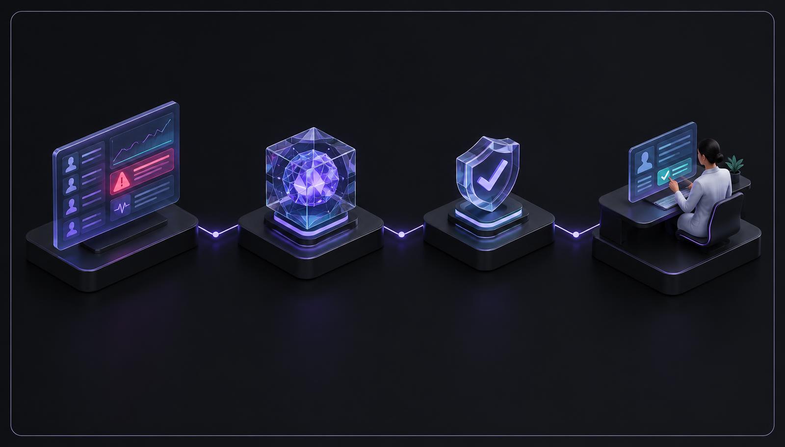 Dark isometric 3D workflow showing a clinical dashboard alert moving through an autonomous AI agent and governance checkpoint to human approval