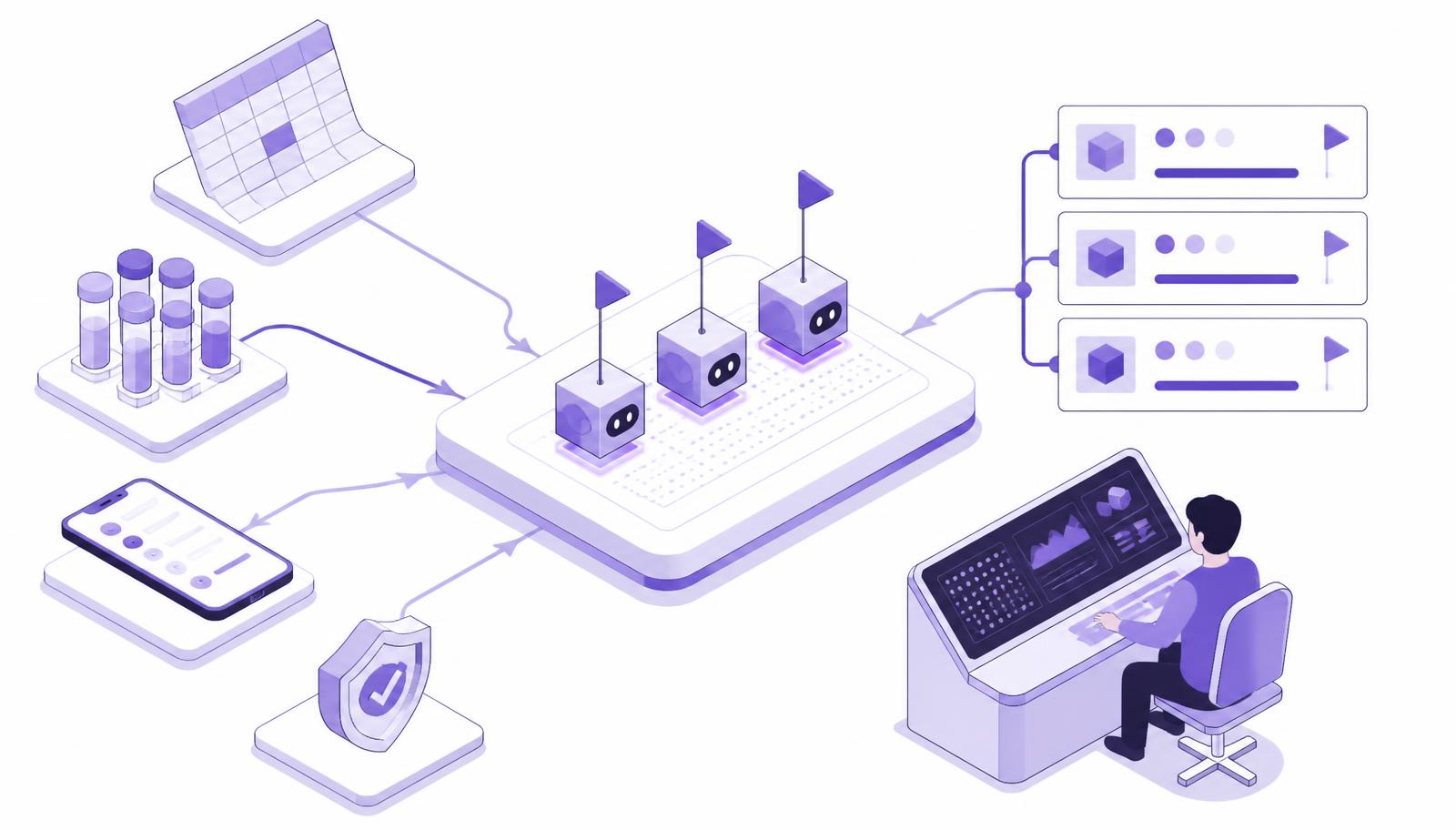 Isometric illustration of a clinical data management workbench where EDC, laboratory, ePRO and safety feeds converge into one governed dataset, with specialist AI agents raising discrepancy flags and ranked queries for a clinical data manager overseeing the review
