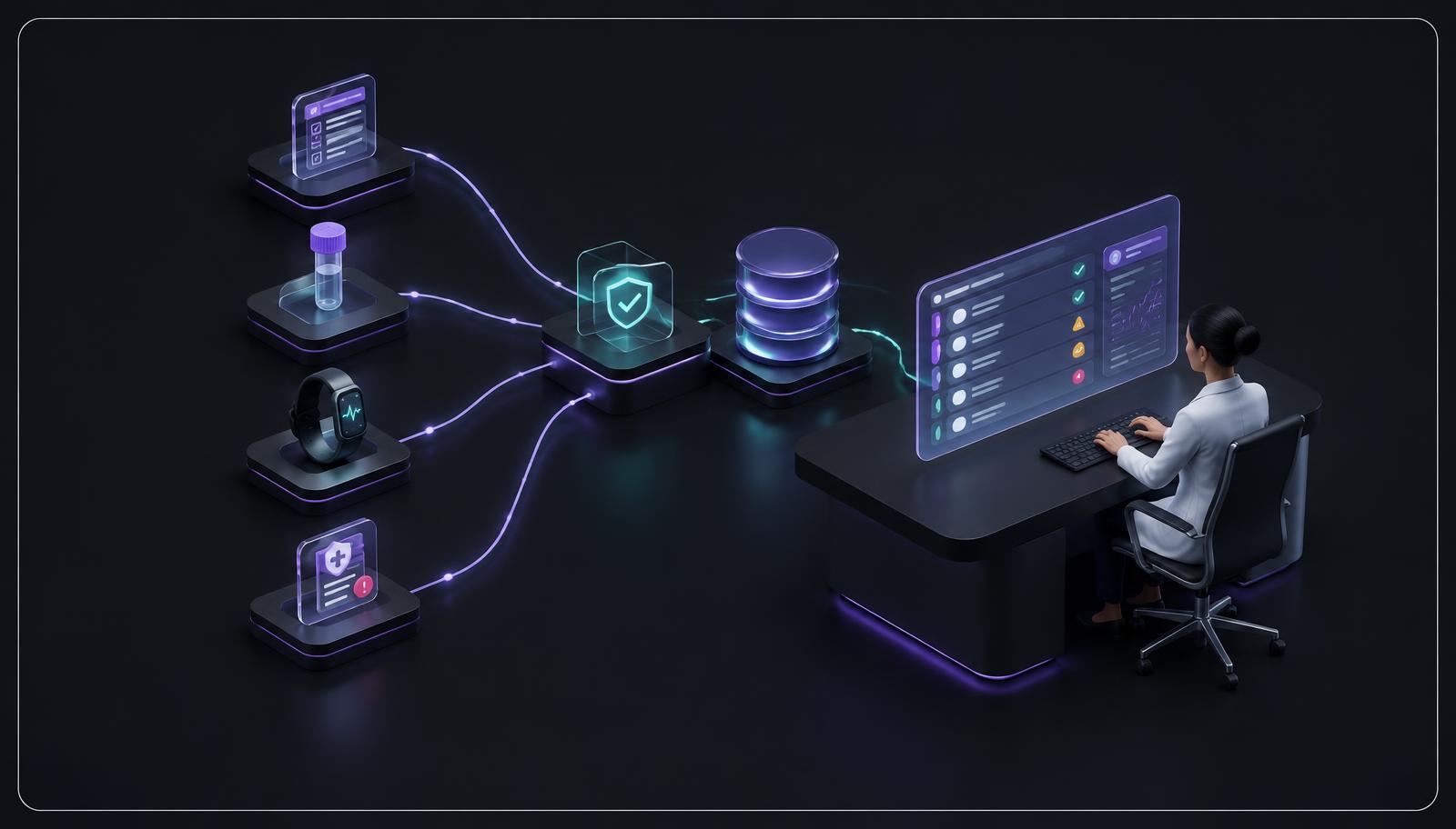 Dark isometric 3D clinical data workbench showing EDC, laboratory, wearable, and safety inputs validated and unified for a data manager's review
