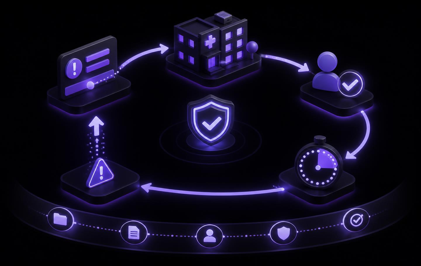 Isometric diagram of closed-loop verification in a clinical trial — a corrective action dispatched to a site, acknowledged by the coordinator, verified against a completion timer, and escalated when unconfirmed, wrapped by a continuous audit trail