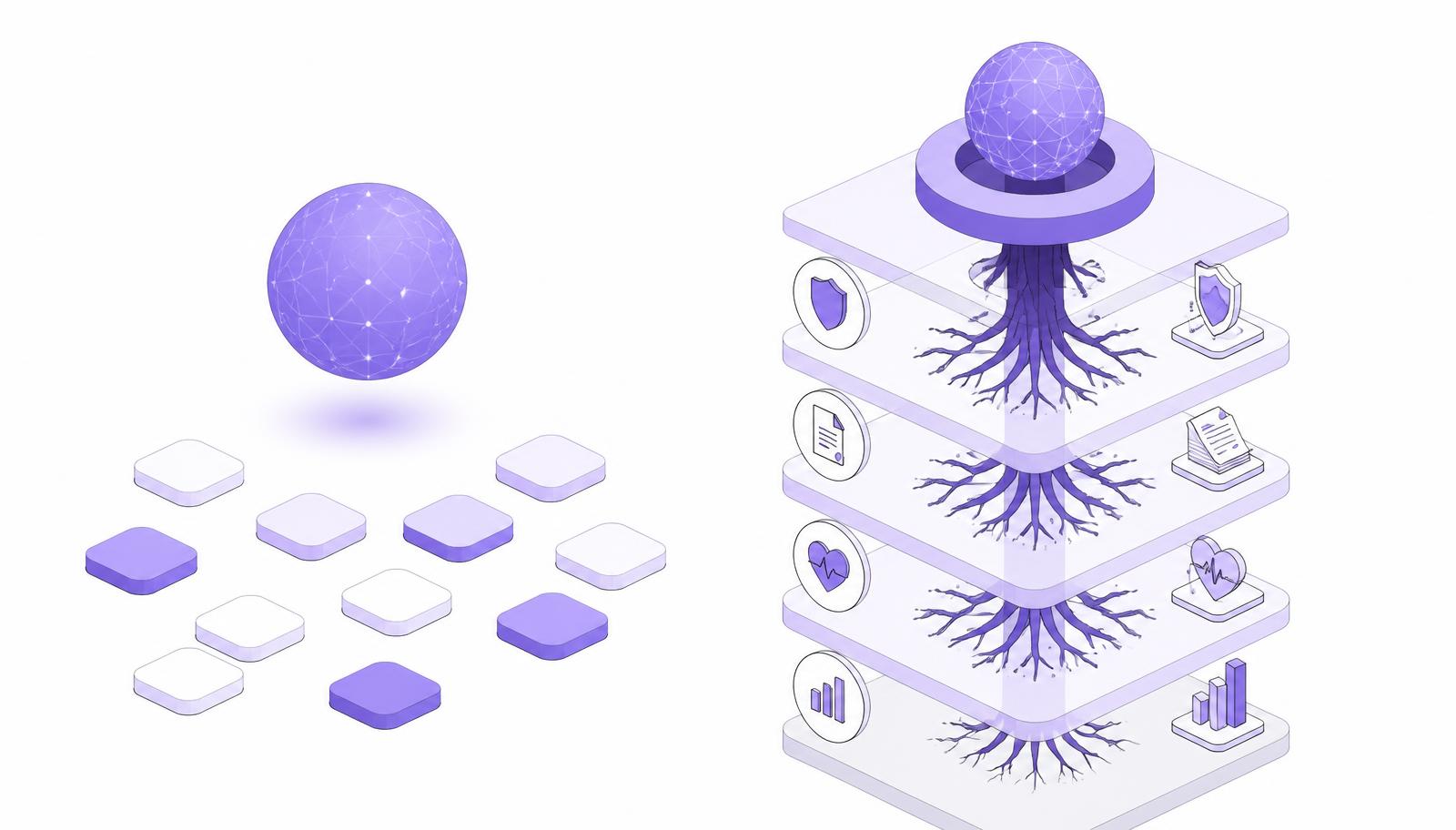 Isometric comparison diagram showing a shallow generalized AI agent hovering above generic application tiles beside a verticalized clinical AI agent rooted through layered clinical trial context including regulatory rules, protocol logic, safety data and biostatistics