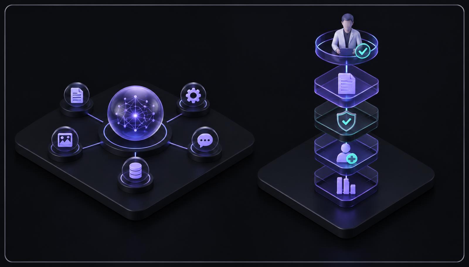 Dark isometric 3D comparison of broad generalized AI and a vertical clinical AI stack grounded in protocol, regulation, patient safety, and biostatistics