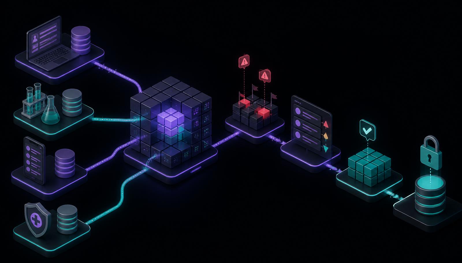 Isometric diagram of clinical trial data from EDC, central lab, ePRO and safety systems flowing into a unified data workbench where AI agents raise discrepancy flags and prioritize queries before a clean dataset moves toward database lock