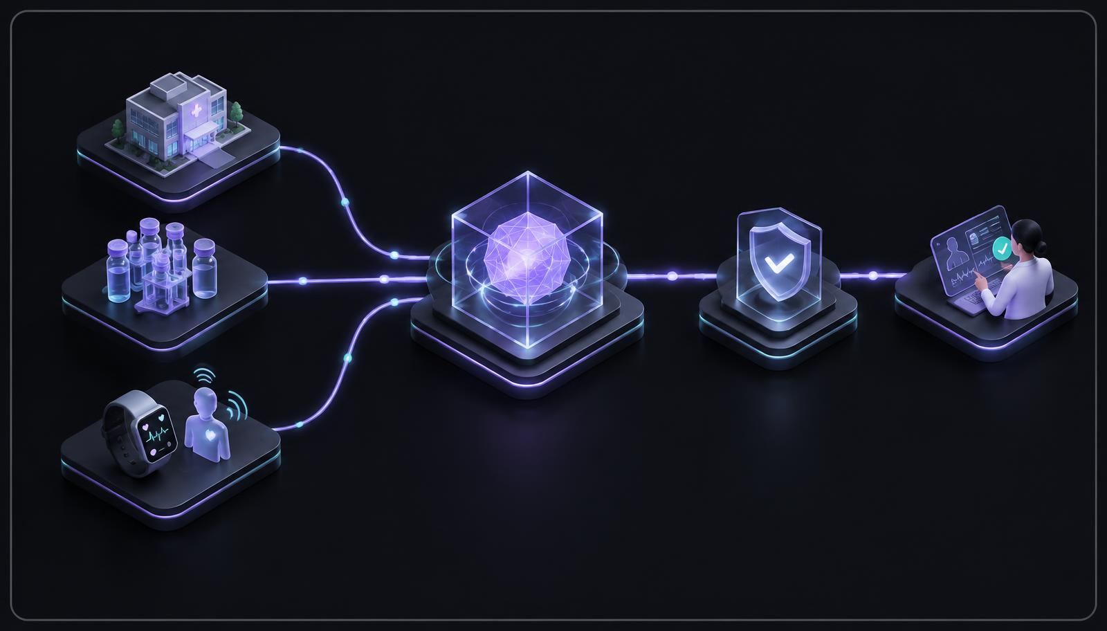 Dark isometric 3D workflow showing research site, laboratory, and patient data converging in agentic AI before a governed human-approved action