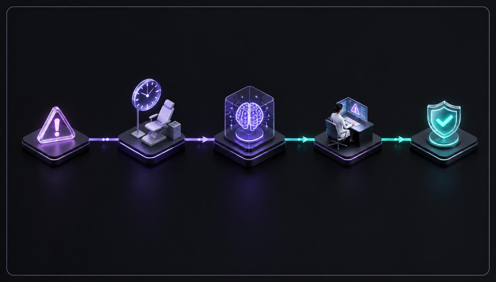 Dark isometric 3D timeline showing an early protocol deviation warning detected before a clinical visit and routed through AI to human review