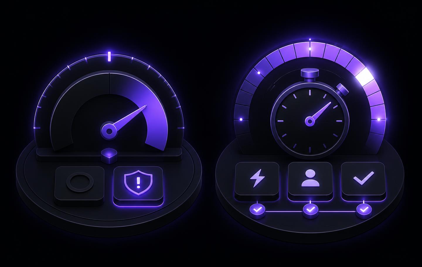 Isometric comparison of two measurement dials — a key risk indicator gauge showing whether a clinical trial risk exists, beside an execution risk indicator gauge measuring response speed, ownership and confirmed closure