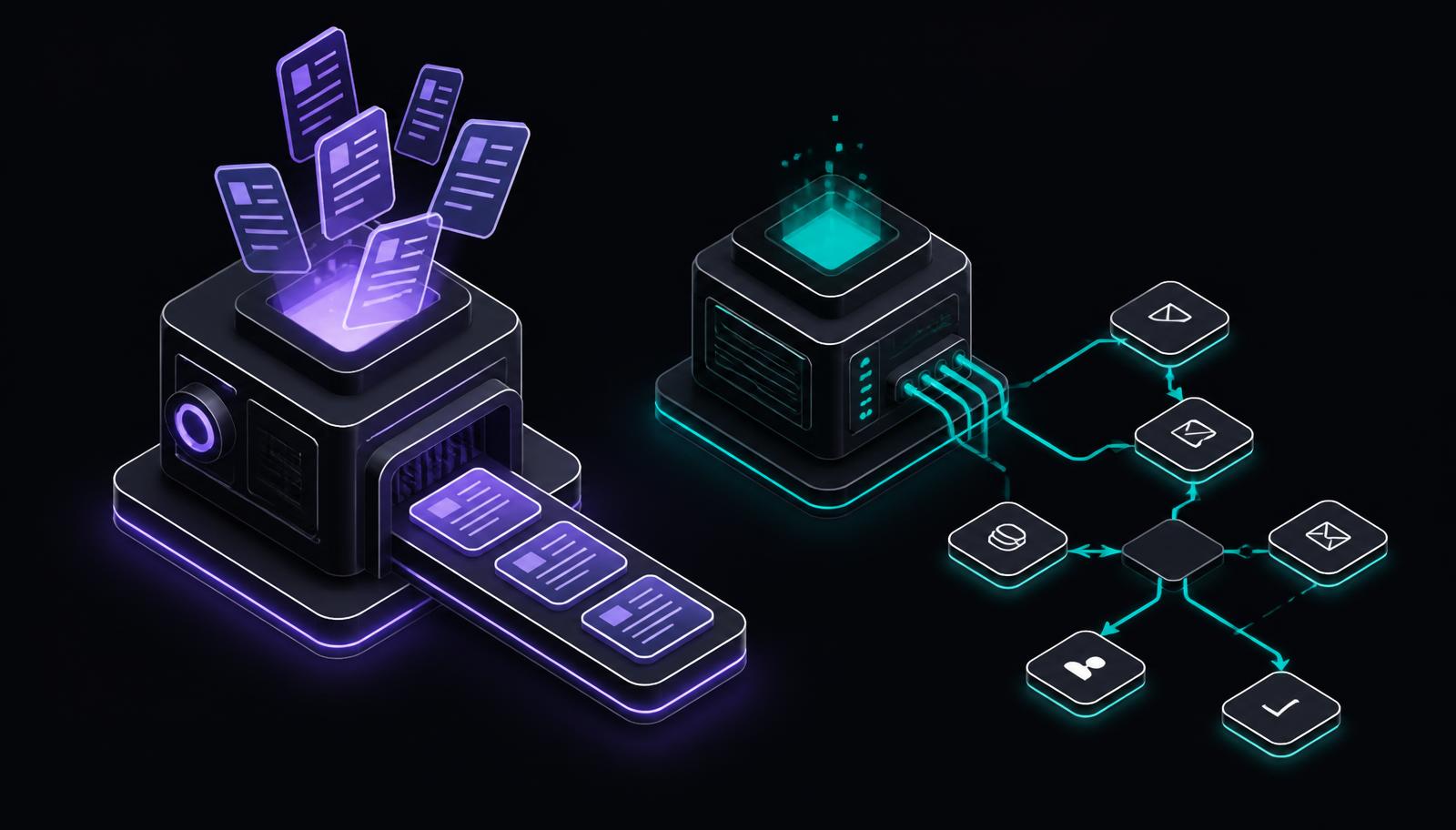 Isometric diagram contrasting a generative AI content engine producing document drafts with an agentic AI orchestration engine driving connected workflow actions across clinical systems