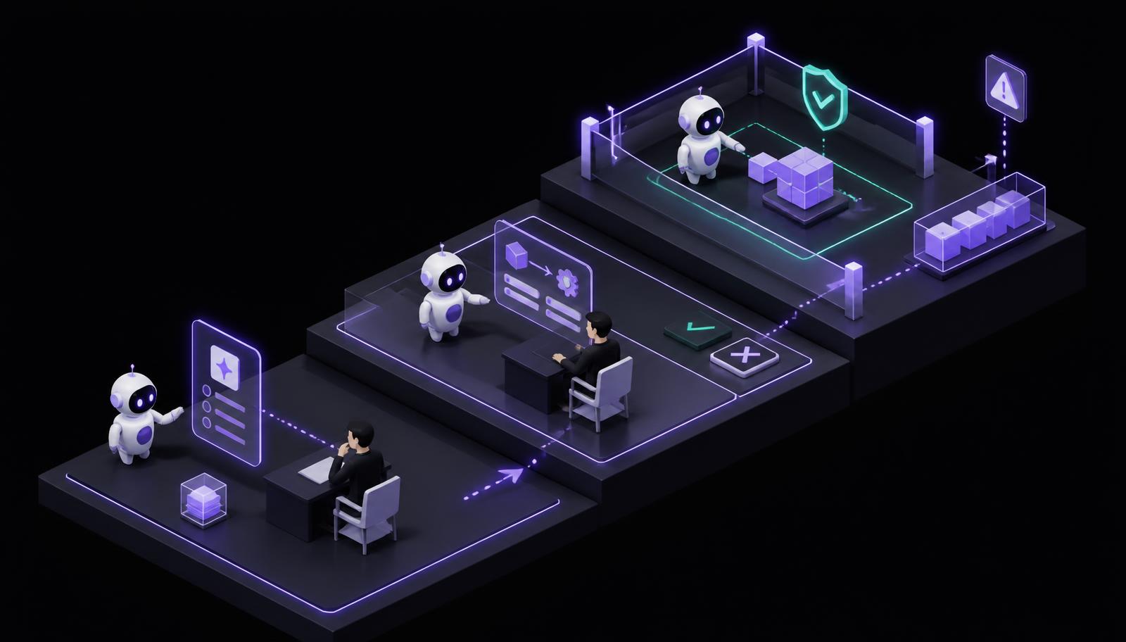 Isometric diagram of three human-in-the-loop oversight tiers — assist mode where the agent recommends and the human acts, execute with approval where the agent prepares and the human confirms, and bounded autonomy where the agent acts within approved rules and humans manage the exception queue