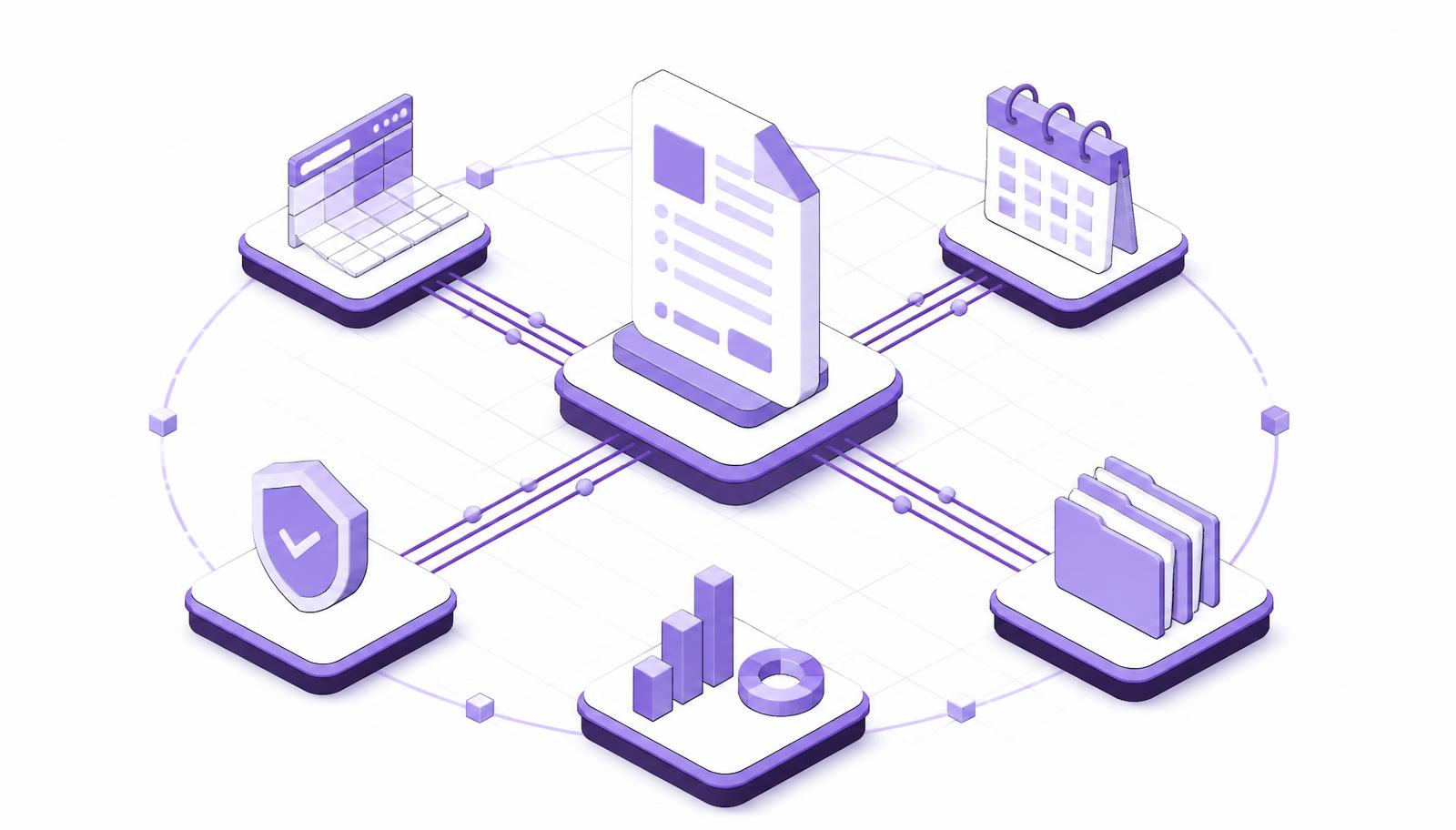 Isometric diagram of a structured digital protocol at the center distributing consistent visit schedules, eligibility rules and assessment requirements to aligned EDC, CTMS, eTMF, safety and analytics systems operating as one harmonized clinical trial platform