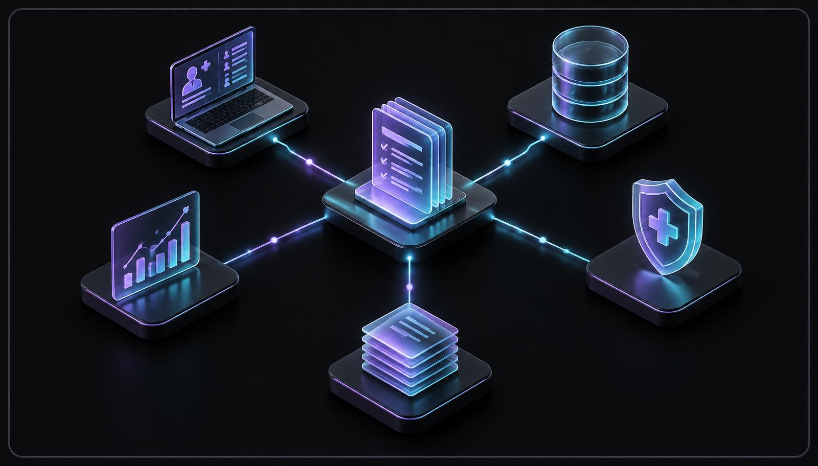 Dark isometric 3D diagram of one structured digital protocol synchronizing clinical operations, data, safety, document, and analytics systems