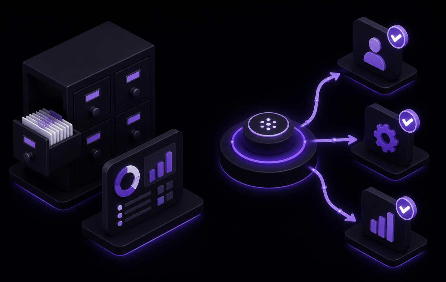 Isometric comparison of a clinical trial system of record — a static data cabinet and reporting dashboard — beside a system of action orchestrating routed workflow tasks to three endpoints, each confirmed with a verification checkmark