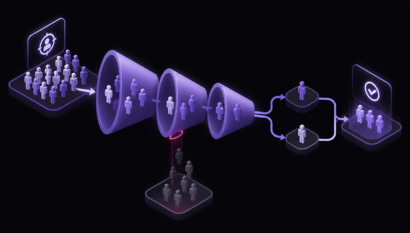 Isometric diagram of a clinical trial enrollment funnel moving candidates from identification through pre-screening, coordinator review and follow-up routing to enrollment, with a highlighted leak point where candidates drop off