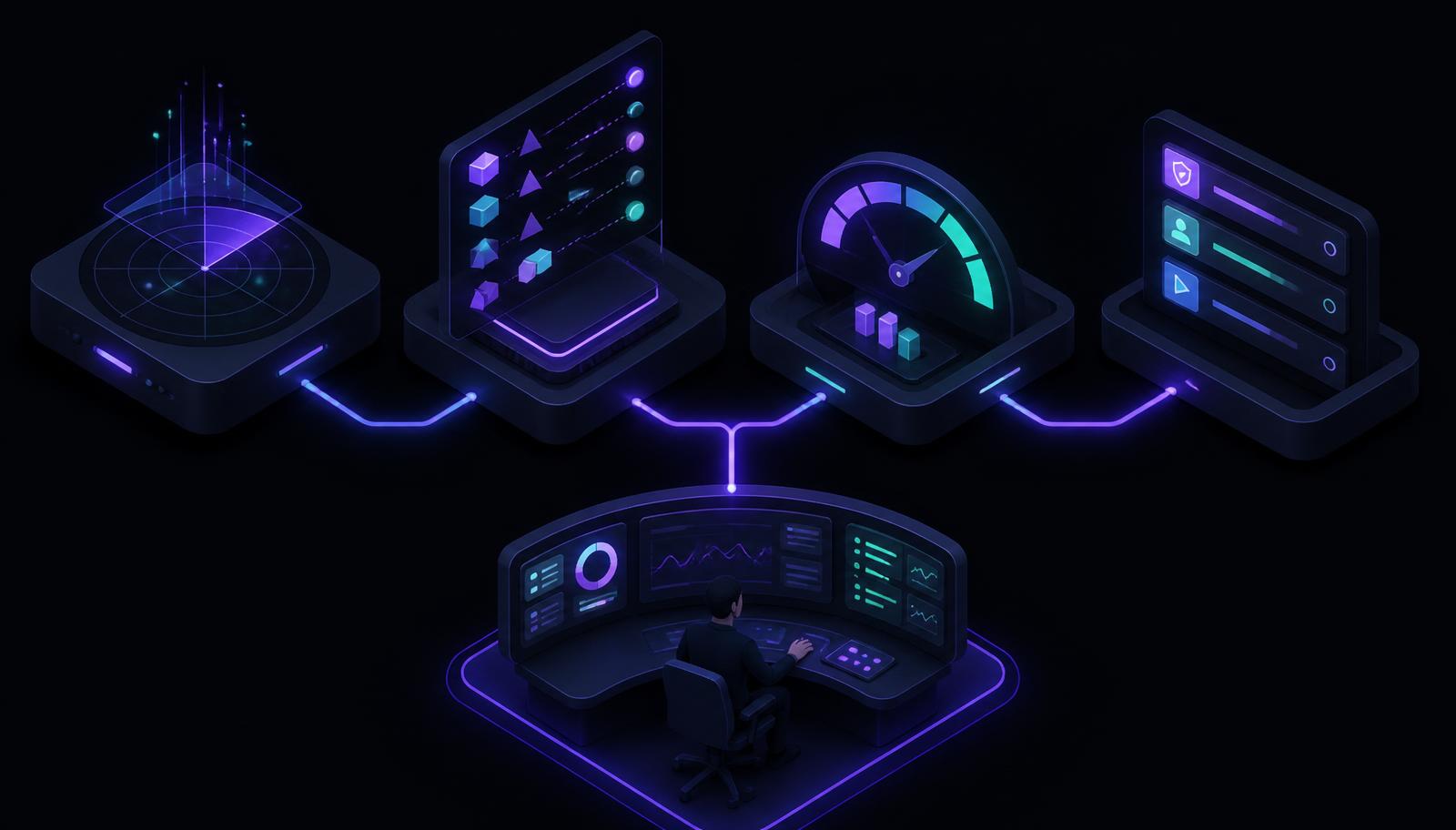 Isometric diagram of a risk oversight engine with four connected modules — risk detector, risk qualifier, risk scorer and action recommender — feeding a human monitor review station for validation and approval