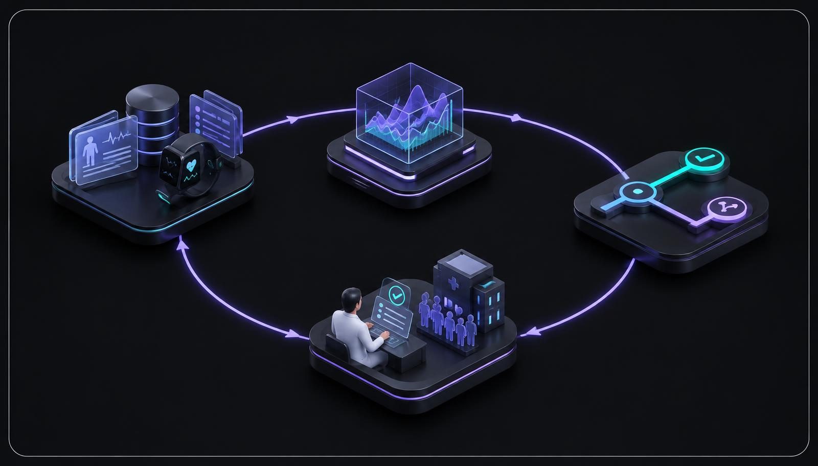 Dark isometric 3D loop showing real-world health data informing analysis, an adaptive trial decision, and governed execution with human approval