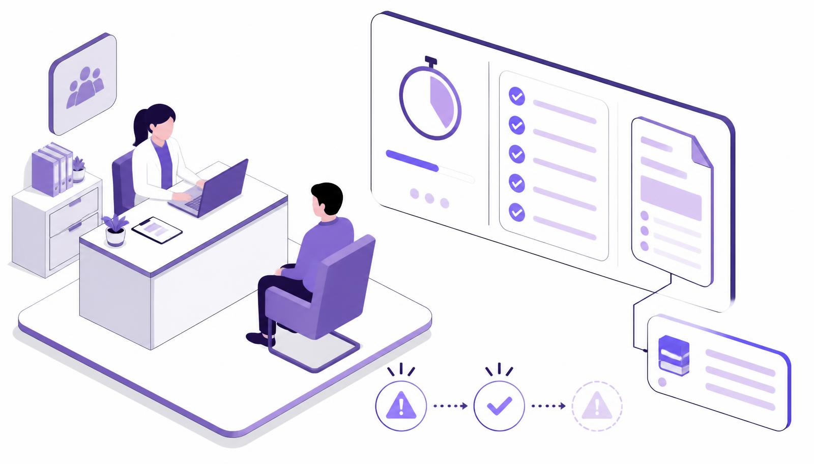 Isometric illustration of a site coordinator at a clinical research site using an AI copilot panel that shows an upcoming visit window, required assessments checklist and a protocol answer with its source reference, preventing a protocol deviation before it occurs