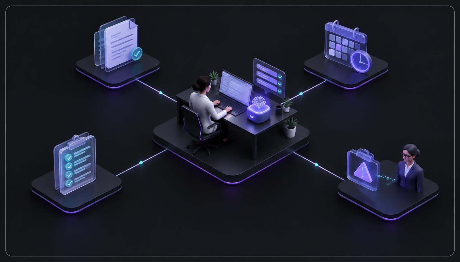 Dark isometric 3D scene of a clinical research coordinator using a site copilot for protocol answers, visit reminders, assessment checks, and human escalation
