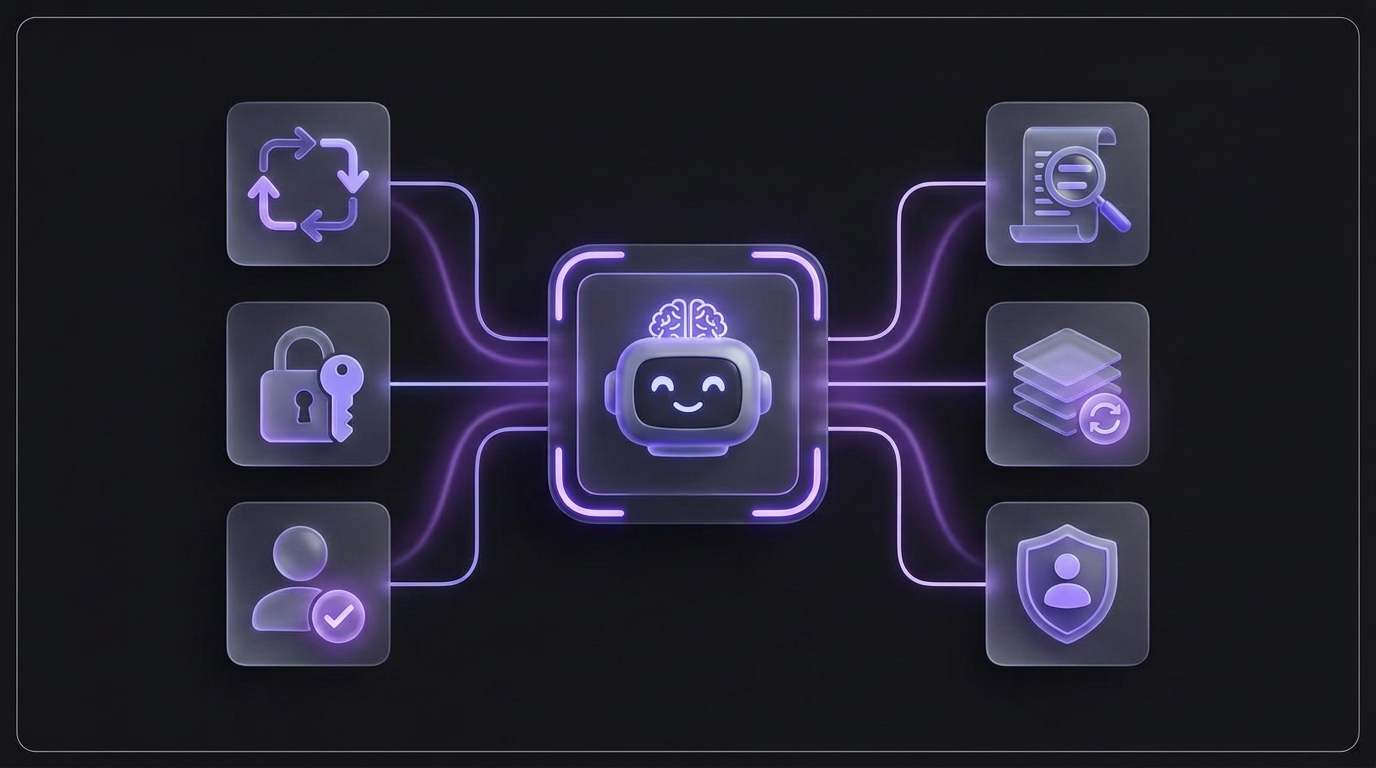 Governed AI agent inside a defined boundary, connected to six control modules: defined workflow scope, role-based permissions, human review and approval, traceability and explainability, reproducibility and controlled change, and accountability