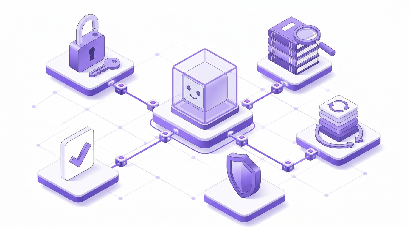 Isometric governed AI agent inside a protective boundary at the center, connected to a permission lock and key, a human approval checkmark, an audit log with a magnifier, a versioned layer stack, and an accountability shield