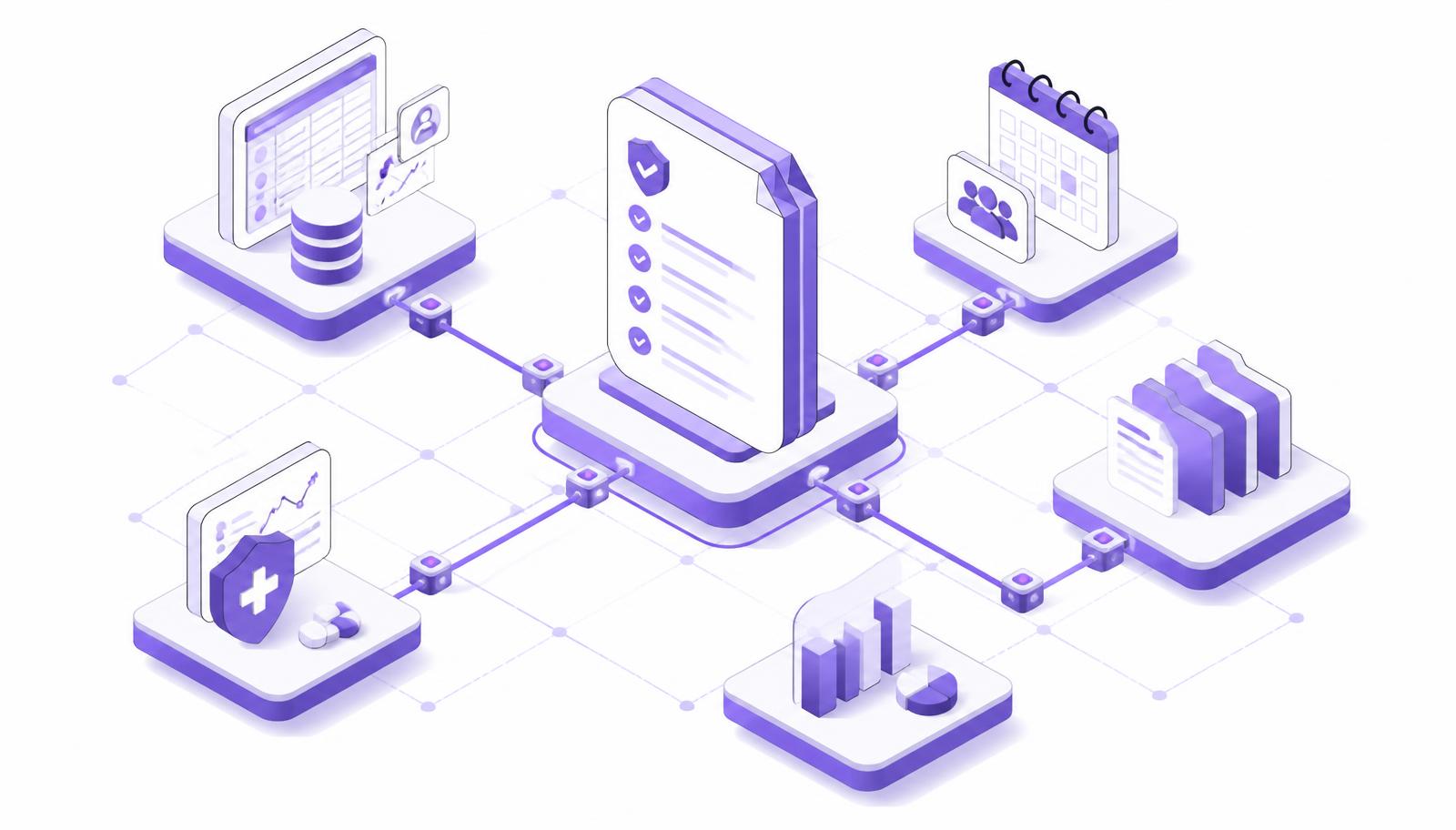 Isometric illustration of a structured digital protocol driving consistent behavior across aligned clinical trial data capture, operations, document, safety and analytics systems