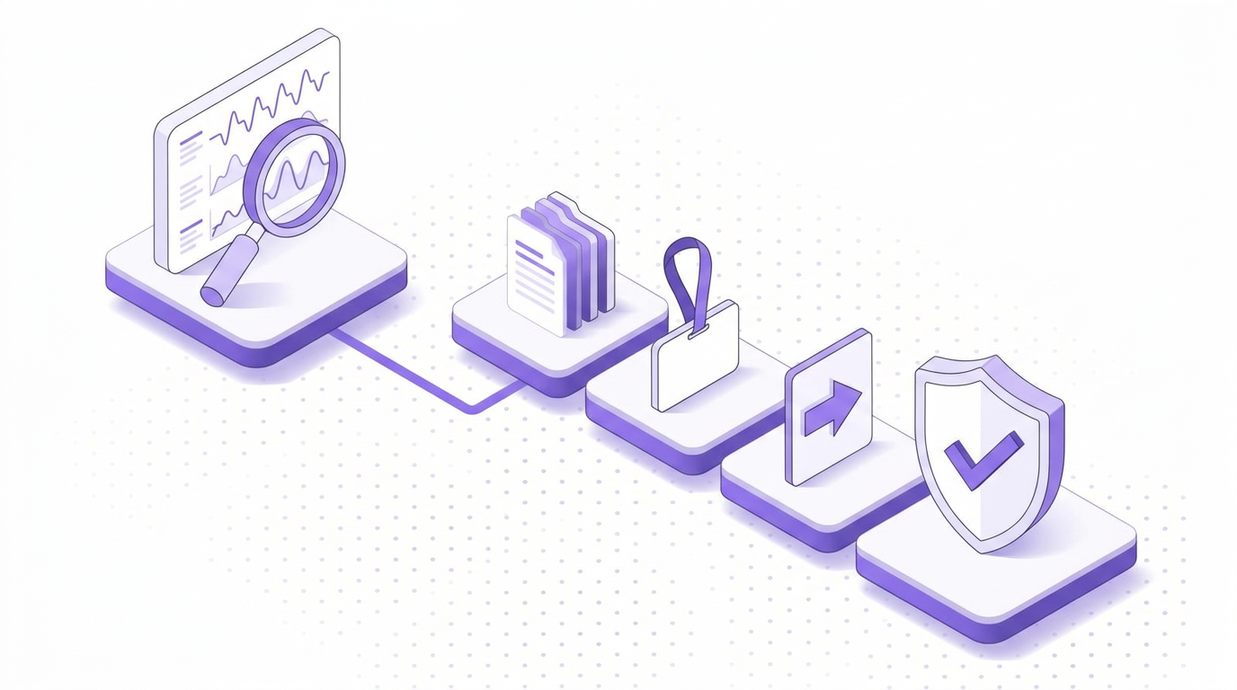 Isometric clinical trial monitoring screen with a magnifying lens connected to an execution path that moves work through context documents, an owner badge, and an action step to a verified checkmark shield