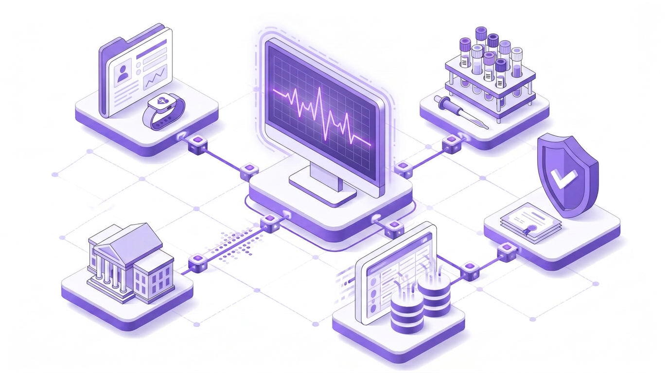 Isometric real-time clinical trial monitor showing a live signal, connected to patient and wearable data, laboratory vials, study records, a regulator building receiving trial signals, and a compliance shield