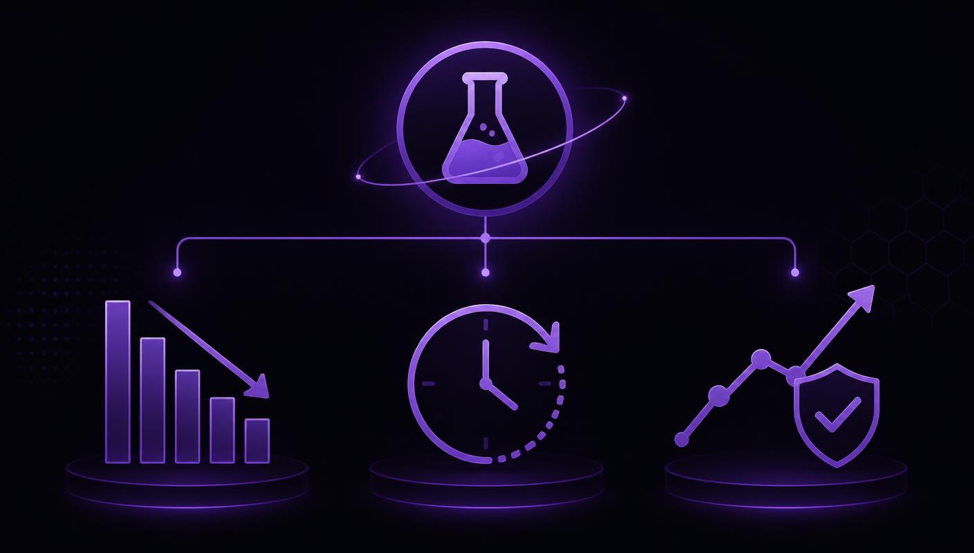 Conceptual illustration of ROI in clinical trials from AI agents — declining manual effort, compressed cycle times, and rising data quality